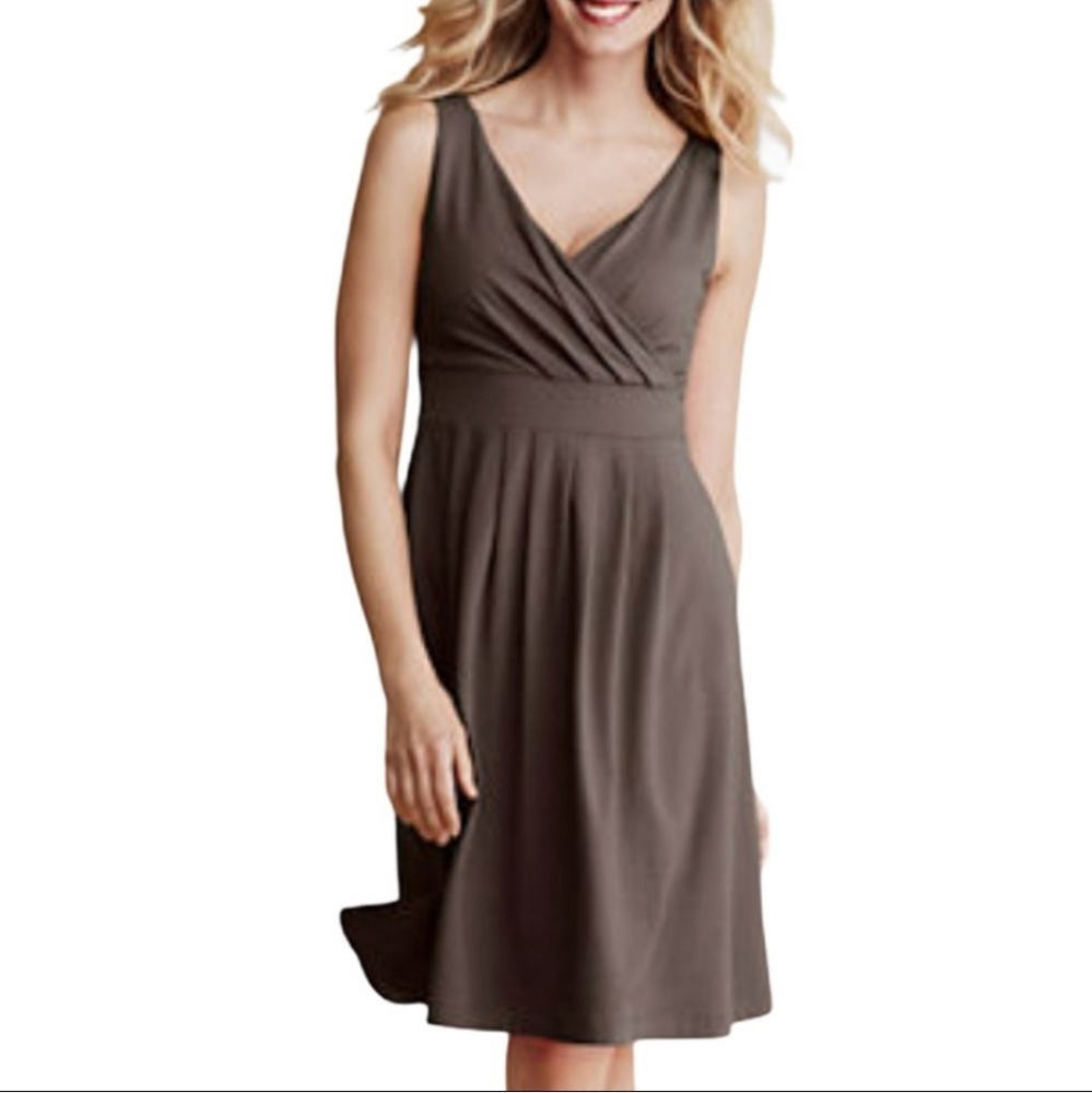 Lands' End Fit Flare Dress Brown V-Neck Faux Wrap Size XS